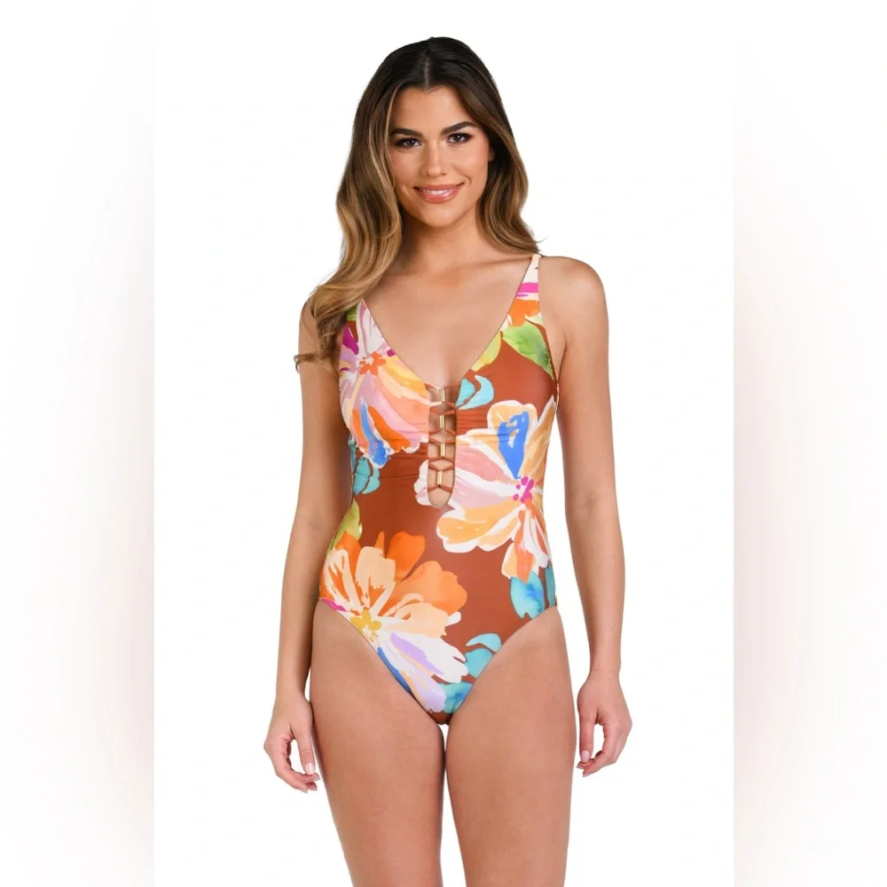 La Blanca Saharan Sands Plunge One‎ Piece Swimsuit Size 6